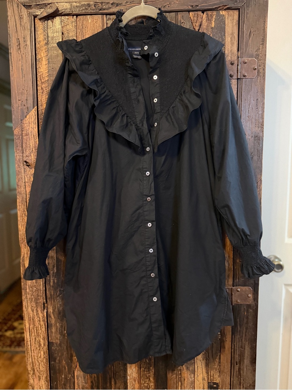 French Connection black Ruffle Shirt Dress L long sleeve Smocked Victorian